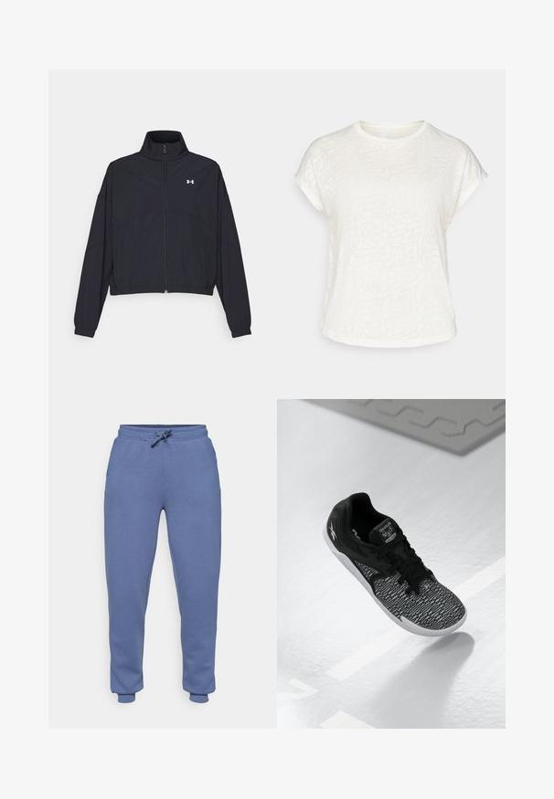 Schwarze Jacke mit Reißverschluss und hohem Kragen, elastischen Bündchen und Saum. Sie hat eine glatte Textur und ein kleines weißes Logo auf der Brust.; Weißes T-Shirt mit kurzen Ärmeln, das ein strukturiertes Blumenmuster, einen runden Halsausschnitt und einen lässigen Schnitt aufweist. Hergestellt aus weichem, leichtem Stoff.; ONLY Play ONPLOUNGE LIFE - Jogginghose - vintage indigo; Schwarzer Sportschuh mit einem strukturierten, gemusterten Mesh-Obermaterial, schwarzen Schnürsenkeln und einer weißen Sohle. Verfügt über das Reebok-Logo auf der Zunge und der Seite.