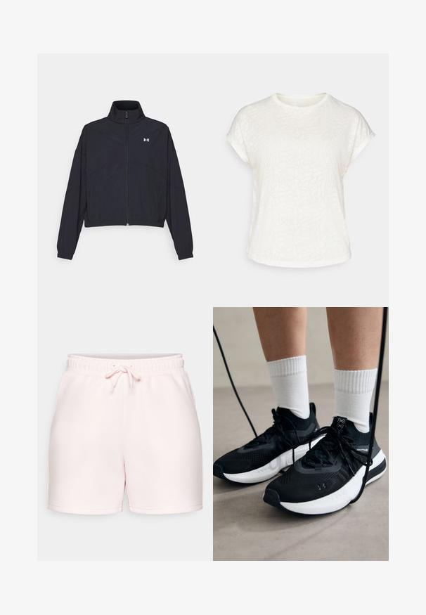 Melnā zipa jakā ar augstu apkakli, elastīgām piedurknēm un apakšmalu. Tai ir gluda tekstūra un neliels balts logo uz krūšu daļas.; Balts īsām piedurknēm t-krekls ar teksturētu ziedu rakstu, apaļu kakla izgriezumu un brīvu piegriezumu. Izgatavots no mīksta, viegla auduma.; Gaiši rozā kokvilnas šorti ar elastīgu jostasvietu un regulējamu auklu. Iezīmē vienkāršu dizainu un taisnu apakšmalu pie kājām.; Melni sporta apavi ar strukturētu audumu, balta zole un melni šņores. Valkāti ar baltām ribotām zeķēm, stāvot uz gaišas virsmas.