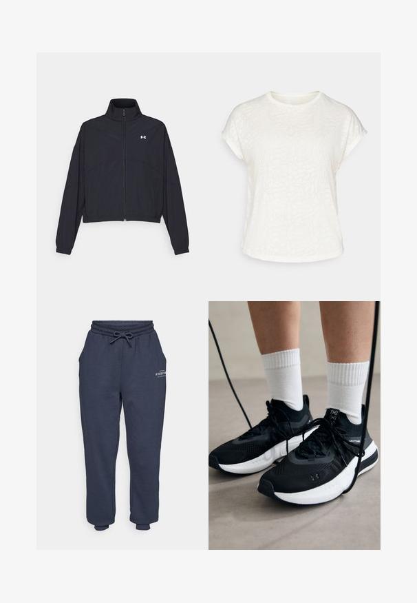 Černá zipová bunda s vysokým límcem, elastickými manžetami a lemem. Má hladkou texturu a malé bílé logo na hrudi.; Bílý krátký rukáv tričko s texturovaným květinovým vzorem, kulatým výstřihem a volným střihem. Vyrobeno z měkké, lehké látky.; Námořnické modré tepláky s elastickým pasem a nastavitelnou šňůrkou. Obsahují postranní kapsy a minimalisticky tištěné logo na přední straně.; Černé sportovní boty s texturovanou tkaninou, bílou podrážkou a černými tkaničkami. Nosené s bílými žebrovanými ponožkami, stojící na světlém povrchu.