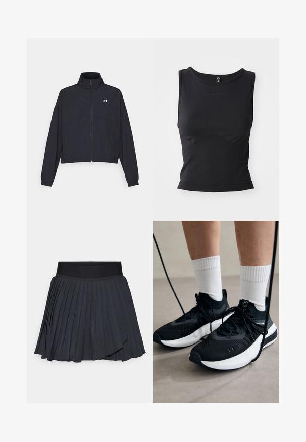 Black zip-up jacket with a high collar, elastic cuffs, and hem. Features a smooth texture and a small white logo on the chest.; Black sleeveless athletic top made from smooth fabric, featuring a rounded neckline and a fitted silhouette with subtle logo detailing.; Black pleated skirt featuring a wide elastic waistband, made from a smooth fabric with a subtle sheen, knee-length with layered design.; Black athletic shoes with textured fabric, white sole, and black laces. Worn with white ribbed socks, standing on a light surface.