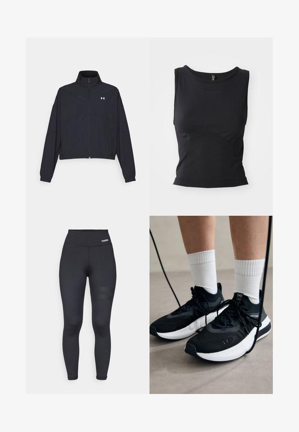 Schwarze Jacke mit Reißverschluss und hohem Kragen, elastischen Bündchen und Saum. Sie hat eine glatte Textur und ein kleines weißes Logo auf der Brust.; Schwarzes ärmelloses Sporttop aus glattem Material, mit rundem Ausschnitt und taillierter Silhouette, ausgestattet mit dezenten Logodetails.; Schwarze, hochtaillierte Leggings mit glatter Textur, die einen markierten Bund und zwei horizontale Streifen am Oberschenkel für Details aufweisen.; Schwarze Sportschuhe aus strukturiertem Stoff, mit weißer Sohle und schwarzen Schnürsenkeln. Tragen mit weißen gerippten Socken, stehen auf einer hellen Fläche.
