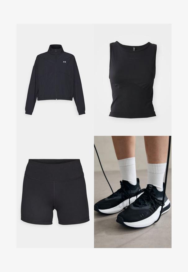 Jachetă neagră cu fermoar, cu guler înalt, manșete elastice și tiv. Prezintă o textură netedă și un mic logo alb pe piept.; Top athletic negru fără mâneci, realizat dintr-un material neted, cu un decolteu rotund și o siluetă mulată, având detalii discrete ale logo-ului.; Champion TRAINING SOFT TOUCH BIKER SHORTS - Leggings - black; Căști atletice negre cu țesătură texturată, talpă albă și șireturi negre. Purtați cu șosete albe cu riflaje, stând pe o suprafață deschisă.
