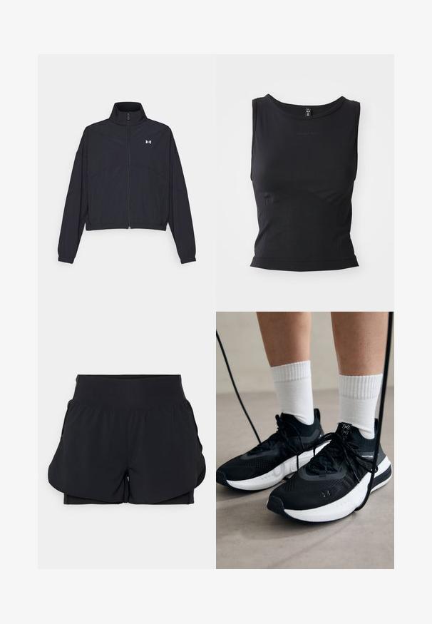 Crna jakna na zatvaranje s visokom ovratnikom, elastičnim manžetama i rubom. Ima glatku teksturu i mali bijeli logo na prsima.; Crni bez rukava atletski top od glatkog materijala, s okruglim izrezom i prilagođenim siluetom s suptilnim logotipom.; Crne sportske kratke hlače s višeslojnim dizajnom, širokim pojasom i unutarnjom podlogom. Izrađene od glatkog, rastezljivog materijala.; Crne atletske cipele s teksturiranim materijalom, bijelim potplatima i crnim vezicama. Nosene s bijelim rebrastim čarapama, stojeći na svijetloj površini.