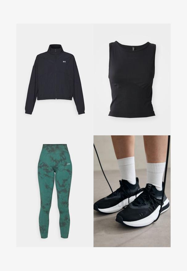 Black zip-up jacket with a high collar, elastic cuffs, and hem. Features a smooth texture and a small white logo on the chest.; Black sleeveless athletic top made from smooth fabric, featuring a rounded neckline and a fitted silhouette with subtle logo detailing.; High-waisted leggings in dark teal with a marbled black pattern. Fabric features a smooth texture and an elastic waistband for comfort.; Black athletic shoes with textured fabric, white sole, and black laces. Worn with white ribbed socks, standing on a light surface.