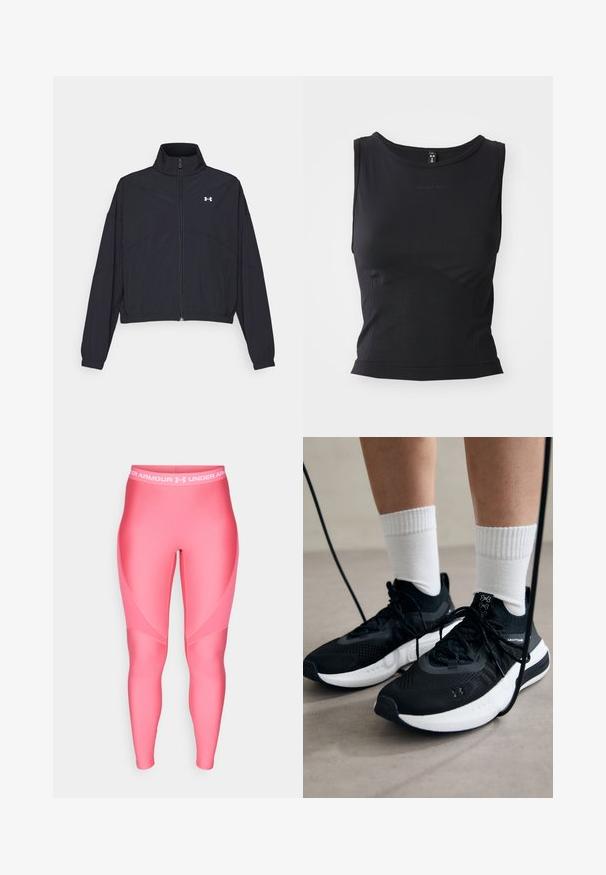Crna jakna na zatvaranje s visokom ovratnikom, elastičnim manžetama i rubom. Ima glatku teksturu i mali bijeli logo na prsima.; Crni bez rukava atletski top od glatkog materijala, s okruglim izrezom i prilagođenim siluetom s suptilnim logotipom.; Rose sportskih tajica glatke teksture, s bijelim elastičnim pojasom na kojem se nalazi logo "Under Armour" i kutni dizajnerski detalji.; Crne atletske cipele s teksturiranim materijalom, bijelim potplatima i crnim vezicama. Nosene s bijelim rebrastim čarapama, stojeći na svijetloj površini.