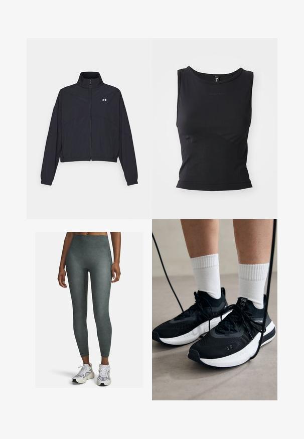 Musta vetoketjullinen takki korkealla kauluksessa, joustavat hihat ja helma. Ominaisuuksiin kuuluu sileä rakenne ja pieni valkoinen logo rinnassa.; Mustat hihattomat urheilupaidat, jotka on valmistettu sileästä kankaasta, jossa on pyöreä pääntie ja istuva siluetti, jossa on huomaamaton logotyyppitys.; Korkeavyötäröiset legginsit hillityn vihreänä, valmistettu sileästä, joustavasta materiaalista, jossa on sivusaumat ja tiukka muotoilu.; Mustat urheilukengät, joissa on teksturoitua kangasta, valkoiset pohjat ja mustat nauhat. Yhdistetty valkoisten urheilusukkien kanssa, seisten vaalealla pinnalla.