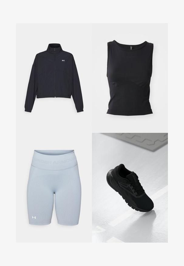 Must Musta tõmblukuga jakk, millel on kõrge krae, elastsed mansetid ja alläär. Omab sujuvat tekstuuri ja rinnal väikest valget logo.; Mustamata ilma varrukat sporditopp, mis on valmistatud siledast kangast, ümarate kaelustega ja keha lähedaselt istuvaga, kusjuures on peenelt logo detail.; Heledad sinise värvi spordilühikesed püksid, tekstuuriga viimistlusega, kõrge elastne vöökoht, millel on bränd "UNDER ARMOUR", ja valge logo alläärs.; Mustvalge spordijalats, millel on võrgusilma ülemine osa, ümmargune nina, pehme talla ja tekstuuriga aktsendid, asetatuna siledale valgele pinnale.