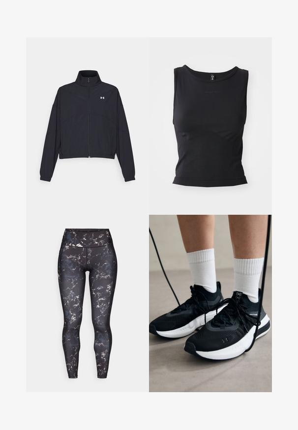 Schwarze Jacke mit Reißverschluss und hohem Kragen, elastischen Bündchen und Saum. Sie hat eine glatte Textur und ein kleines weißes Logo auf der Brust.; Schwarzes ärmelloses Sporttop aus glattem Material, mit rundem Ausschnitt und taillierter Silhouette, ausgestattet mit dezenten Logodetails.; Hochtaillierte Leggings mit schwarzem Grund und einem marmorierten Muster in gedämpften Farben. Glattes, elastisches Material mit Kontrastnähten und ohne sichtbare Beschläge.; Schwarze Sportschuhe aus strukturiertem Stoff, mit weißer Sohle und schwarzen Schnürsenkeln. Tragen mit weißen gerippten Socken, stehen auf einer hellen Fläche.