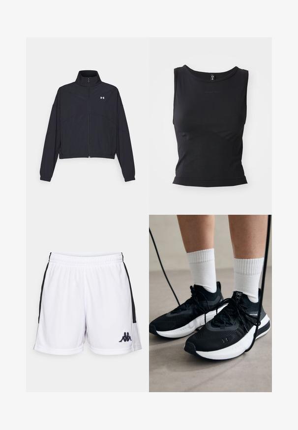Black zip-up jacket with a high collar, elastic cuffs, and hem. Features a smooth texture and a small white logo on the chest.; Black sleeveless athletic top made from smooth fabric, featuring a rounded neckline and a fitted silhouette with subtle logo detailing.; White athletic shorts made of lightweight fabric, featuring black side panels and a small black logo on the lower left front.; Black athletic shoes with textured fabric, white sole, and black laces. Worn with white ribbed socks, standing on a light surface.