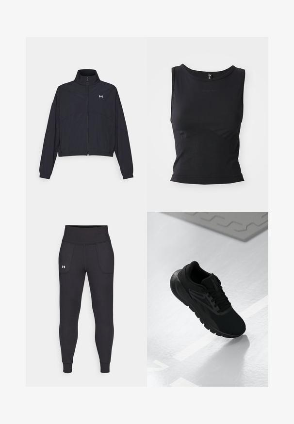 Svart zip-up jakke med høy krage, elastiske mansjetter og hem. Har en glatt tekstur og en liten hvit logo på brystet.; Svart, ermeløs treningsgenser laget av glatt stoff, med rund halsutskjæring og en tettsittende silhuett med diskret logo-detaljering.; Svarte sportsleggings laget av elastisk materiale, med høy midje, sidelommer og tettsittende mansjetter ved ankelen.; Sorte treningssko med mesh-overdel, rund tå, polstret såle og teksturerte detaljer, plassert på en glatt hvit overflate.