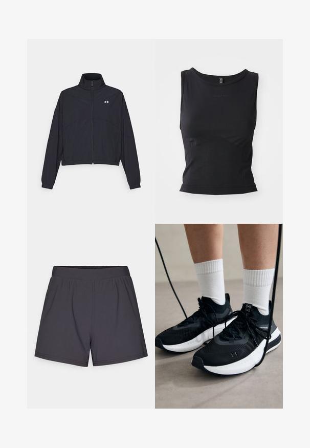 Fekete cipzáras dzseki magas gallérral, elasztikus mandzsettákkal és aljjal. Simaság jellemzi, és egy apró fehér logó található a mellkasán.; Fekete ujjatlan sporttop, sima anyagból készült, kerek nyakkivágással és testhezálló fazonnal, finom logóval díszítve.; Fekete sportos rövidnadrág könnyű, rugalmas anyagból. Rugalmas derékkal és egyszerű, díszítés nélküli dizájnnal rendelkezik.; Fekete sportcipők textúrált anyagból, fehér talppal és fekete fűzőkkel. Fehér bordázott zoknikkal viselve, világos felületen állva.