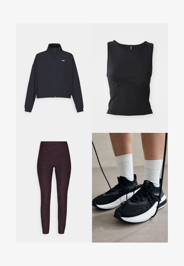 Chaqueta negra con cremallera y cuello alto, con puños y dobladillo elásticos. Presenta una textura suave y un pequeño logo blanco en el pecho.; Camiseta sin mangas negra deportiva, fabricada con tejido suave, que presenta un escote redondeado y una silueta ajustada con un sutil detalle de logo.; Leggings de un tejido jaspeado morado oscuro, que presentan una cintura alta y un diseño ajustado, con una textura suave y elástica.; Zapatillas deportivas negras con tela texturizada, suela blanca y cordones negros. Llevadas con calcetines blancos de canalé, de pie sobre una superficie clara.