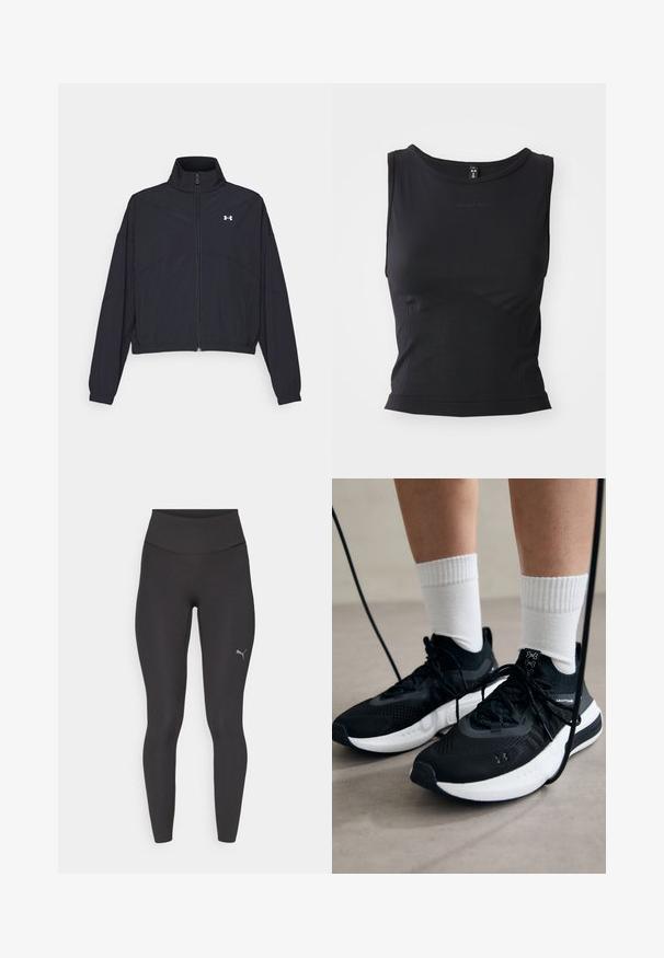 Must Musta tõmblukuga jakk, millel on kõrge krae, elastsed mansetid ja alläär. Omab sujuvat tekstuuri ja rinnal väikest valget logo.; Mustamata ilma varrukat sporditopp, mis on valmistatud siledast kangast, ümarate kaelustega ja keha lähedaselt istuvaga, kusjuures on peenelt logo detail.; Mustad kõrge vöökohaga spordipüksid, mis on tihedaltistuvad, nähtavate õmblustega ja väikese peegeldava Puma logoga vasakul reiel.; Mustad mustad jalanõud tekstuuritud kangast, valge tallaga ja mustade paeltega. Kanna valgete soonikkudega sokkide sisse, seistes helesinisel pinnal.