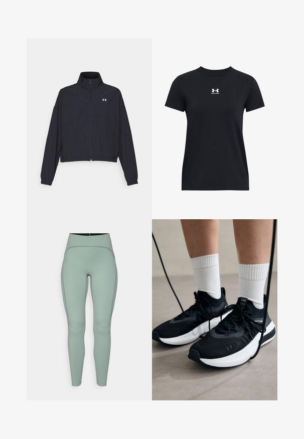 Melnā zipa jakā ar augstu apkakli, elastīgām piedurknēm un apakšmalu. Tai ir gluda tekstūra un neliels balts logo uz krūšu daļas.; Melnas īsām piedurknēm t-krekls, izgatavots no kokvilnas. Aprīkots ar apaļu kakla izgriezumu un baltu Under Armour logo uz krūtīm. Vienkārša, vienkrāsaina dizaina.; Augstas jostas, piparmētru zaļas legingi, kas izgatavoti no gluda, elastīga auduma ar kontrastējošām šuvēm. Piedāvā izsmalcinātu, pieguļošu siluetu.; Melni sporta apavi ar strukturētu audumu, balta zole un melni šņores. Valkāti ar baltām ribotām zeķēm, stāvot uz gaišas virsmas.