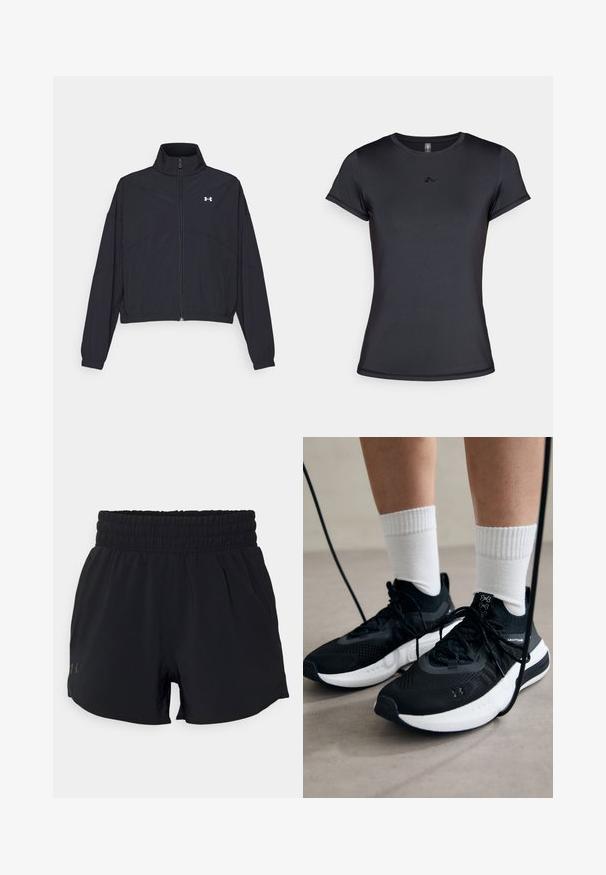 Čierna zipová bunda s vysokým golierom, elastickými manžetami a lemom. Má hladkú textúru a malé biele logo na hrudi.; Čierne tričko s krátkym rukávom vyrobené z hladkej, priedušnej látky, s minimalistickým logom na prednej strane. Klasický okrúhly výstrih.; Čierne športové šortky s elastickým pásom, vyrobené z ľahkej tkaniny, s bočnými vreckami a malým logom na ľavej strane.; Čierne športové topánky s textúrovanou tkaninou, bielou podrážkou a čiernymi šnúrkami. Nosené s bielymi rebrovanými ponožkami, postavené na svetlom povrchu.