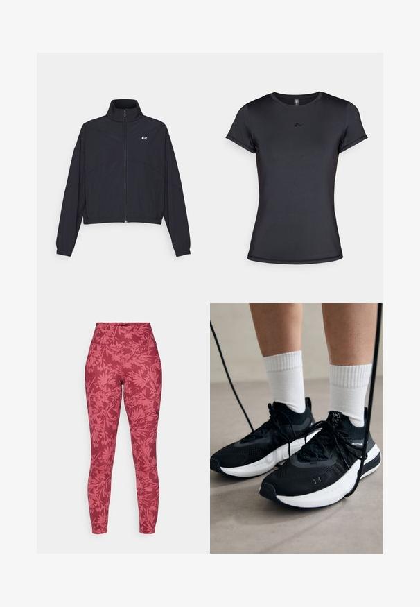 Melnā zipa jakā ar augstu apkakli, elastīgām piedurknēm un apakšmalu. Tai ir gluda tekstūra un neliels balts logo uz krūšu daļas.; Melna īsām piedurknēm t-krekls, izgatavots no gluda, elpojoša auduma, ar minimālistisku logotipa dizainu uz priekšpuses. Klasisks apaļais kakla izgriezums.; Sarkanas leginses ar piegulošu dizainu, augstu jostasvietu un visā virsmā izklātu lapu rakstu tumšākā sarkanā krāsā. Izgatavotas no elastīga, teksturēta auduma.; Melni sporta apavi ar strukturētu audumu, balta zole un melni šņores. Valkāti ar baltām ribotām zeķēm, stāvot uz gaišas virsmas.