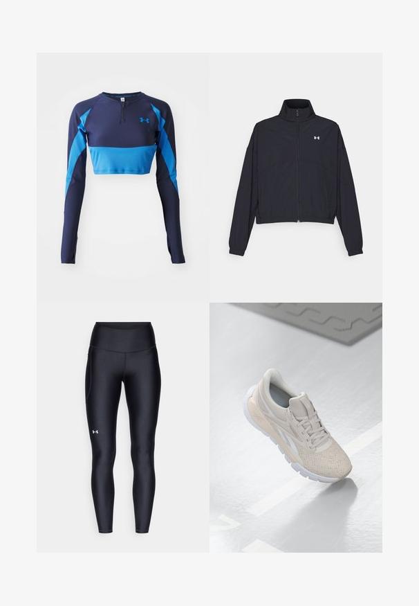 Čierna zipová bunda s vysokým golierom, elastickými manžetami a lemom. Má hladkú textúru a malé biele logo na hrudi.; Námornícky a modrý atletický dlhý rukáv s polovičným zipsom, rebrovanou textúrou a kontrastnými bočnými panelmi. Logo Under Armour na hrudi.; Čierne legíny vyrobené z hladkého, elastického materiálu s vysokým pásom. Obsahujú biele logo na ľavom stehne a sú strihané na telo.; Svetlo béžová atletická obuv s perforovaným zvrškom, textúrovanými akcentmi, polstrovaným golierom a bielou gumovou podrážkou, navrhnutá pre pohodlie a priedušnosť.