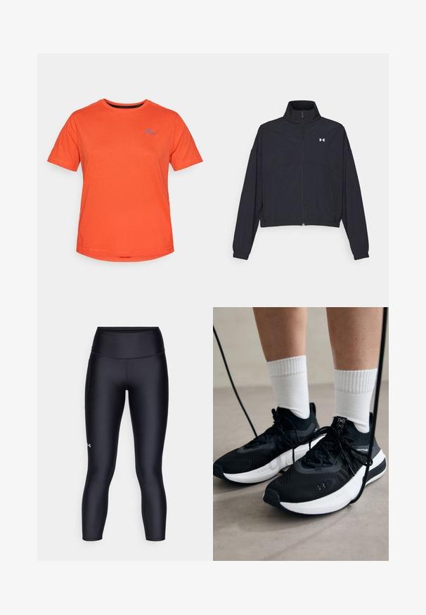 Čierna zipová bunda s vysokým golierom, elastickými manžetami a lemom. Má hladkú textúru a malé biele logo na hrudi.; Oranžové tričko s krátkym rukávom vyrobené z mäkkej bavlny, s modrým logom hory na ľavej hrudi, okrúhlym výstrihom a bežným strihom.; Čierne legíny vyrobené z hladkej, elastickej tkaniny. Vysoký pás s priliehavým strihom a malým logom na ľavej nohe.; Čierne športové topánky s textúrovanou tkaninou, bielou podrážkou a čiernymi šnúrkami. Nosené s bielymi rebrovanými ponožkami, postavené na svetlom povrchu.
