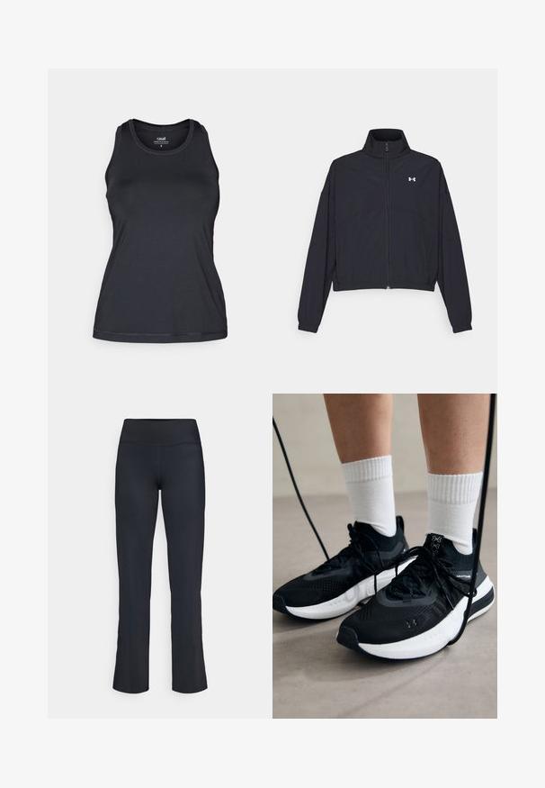 Must Musta tõmblukuga jakk, millel on kõrge krae, elastsed mansetid ja alläär. Omab sujuvat tekstuuri ja rinnal väikest valget logo.; Mustika mustmoodne treeningtank-top, millel on sobiv disain, varrukateta lõige, ümmargune kaelus ja pehme, sile tekstuur. Omab peeneid õmblusdetailide. ; Mustad must adidas püksid kõrge vöökohaga. Valmistatud siledast, venivast kangast, millel on laieneva sääre disain ja minimaalne õmbluste detail.; Mustad mustad jalanõud tekstuuritud kangast, valge tallaga ja mustade paeltega. Kanna valgete soonikkudega sokkide sisse, seistes helesinisel pinnal.