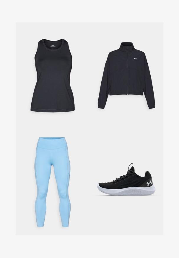 Black zip-up jacket with a high collar, elastic cuffs, and hem. Features a smooth texture and a small white logo on the chest.; Black athletic tank top with a fitted design, sleeveless cut, round neckline, and soft, smooth texture. Features subtle stitching details.; Light blue leggings made of stretchy fabric. Features a high waistband, smooth texture, and curved seams along the legs.; Black athletic shoes with a breathable mesh upper, textured detailing, and a white rubber sole. Features flat laces and a heel pull tab.