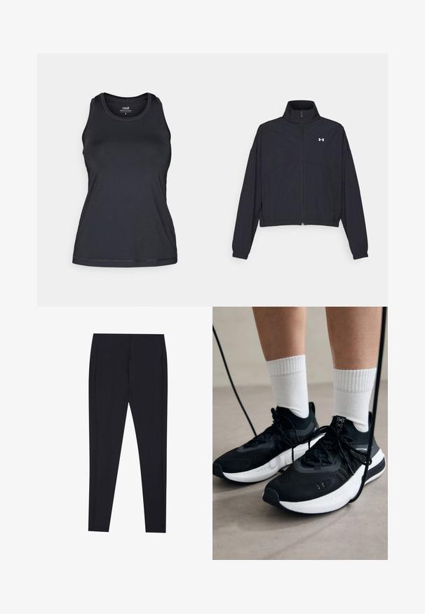Čierna zipová bunda s vysokým golierom, elastickými manžetami a lemom. Má hladkú textúru a malé biele logo na hrudi.; Čierny športový top bez rukávov s priliehavým strihom, okrúhlym výstrihom a jemnou, hladkou textúrou. Obsahuje decentné švy.; Čierne legíny s priliehavým strihom, hladkou textúrou a bez viditeľných vzorov. Obsahujú bočné švy a čistú, minimalistickú siluetu.; Čierne športové topánky s textúrovanou tkaninou, bielou podrážkou a čiernymi šnúrkami. Nosené s bielymi rebrovanými ponožkami, postavené na svetlom povrchu.