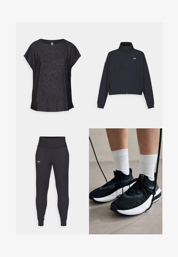 Svart zip-up jacka med hög krage, elastiska ärmslut och fåll. Har en slät textur och en liten vit logotyp på bröstet.; Svart kortärmad topp i mjukt tyg, med ett subtilt reptilmönster, rund halsringning och lös passform för ökad rörelsefrihet.; Svarta träningsleggings i elastiskt material, med hög midja, sidofickor och åtsittande manschetter vid ankeln.; Svarta sportskor med texturerat tyg, vit sula och svarta snören. Bärs med vita reglerade strumpor, stående på en ljus yta.