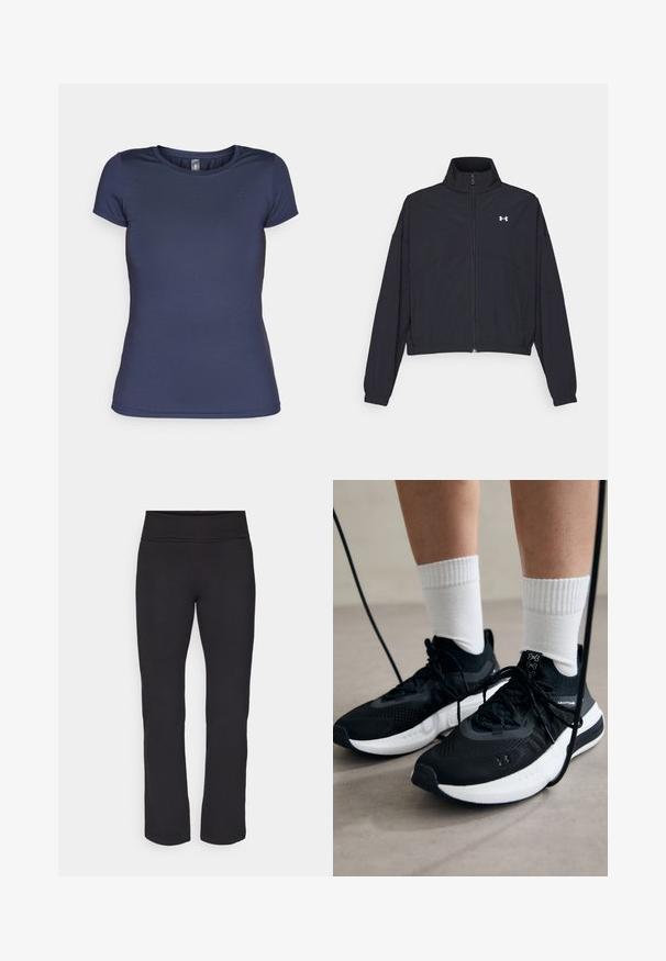 Melnā zipa jakā ar augstu apkakli, elastīgām piedurknēm un apakšmalu. Tai ir gluda tekstūra un neliels balts logo uz krūšu daļas.; Jūras zila īsām piedurknēm T-krekls ar apaļu kakla izgriezumu, izgatavots no gludas auduma. Uz kreisā krūškurvja ir mazs logotips.; Melnas leggingas ar gludu, elastīgu audumu un plašu vidukļa joslu. Tiem ir taisnas, pilna garuma kājas un nav redzamu rakstu vai akcentu.; Melni sporta apavi ar strukturētu audumu, balta zole un melni šņores. Valkāti ar baltām ribotām zeķēm, stāvot uz gaišas virsmas.