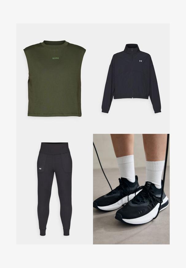 Črna jakna na zadrgo z visokim ovratnikom, elastičnimi manšetami in robom. Ima gladko teksturo in majhen bel logotip na prsih.; Olive zelena brezrokavnik iz mehkega materiala, z okroglo ovratnikom in subtilnim logotipom "BORG" v svetleje zeleni barvi na sprednji strani.; Črne atletske legice iz raztegljivega materiala, ki imajo visok pas, stranske žepke in tesne manšete pri gležnjih.; Črne športne čevlje z strukturirano tkanino, belo podplatom in črnimi vezalkami. Nosi se z belimi rebrastimi nogavicami, stoje na svetli površini.