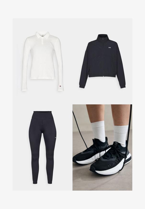 Black zip-up jacket with a high collar, elastic cuffs, and hem. Features a smooth texture and a small white logo on the chest.; Champion ICONS LONG SLEEVE - Long sleeved top - white; High-waisted black leggings made of stretch fabric, featuring a smooth texture and a small logo on the lower leg. Form-fitting design.; Black athletic shoes with textured fabric, white sole, and black laces. Worn with white ribbed socks, standing on a light surface.