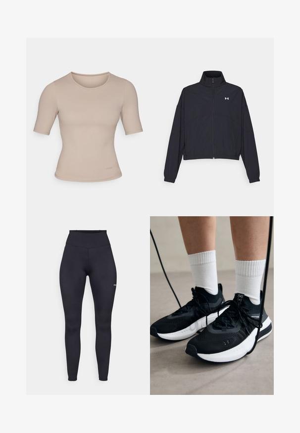 Schwarze Jacke mit Reißverschluss und hohem Kragen, elastischen Bündchen und Saum. Sie hat eine glatte Textur und ein kleines weißes Logo auf der Brust.; Beige kurzärmliges Oberteil in figurnaher Passform, aus glattem Stoff mit rundem Ausschnitt. Besitzt minimale Nähdetails und ein Etikett am Saum.; Hochgeschnittene schwarze Leggings aus elastischem Material mit einer glatten Textur und einem kleinen Logo am unteren Bein. Figurbetonter Schnitt.; Schwarze Sportschuhe aus strukturiertem Stoff, mit weißer Sohle und schwarzen Schnürsenkeln. Tragen mit weißen gerippten Socken, stehen auf einer hellen Fläche.