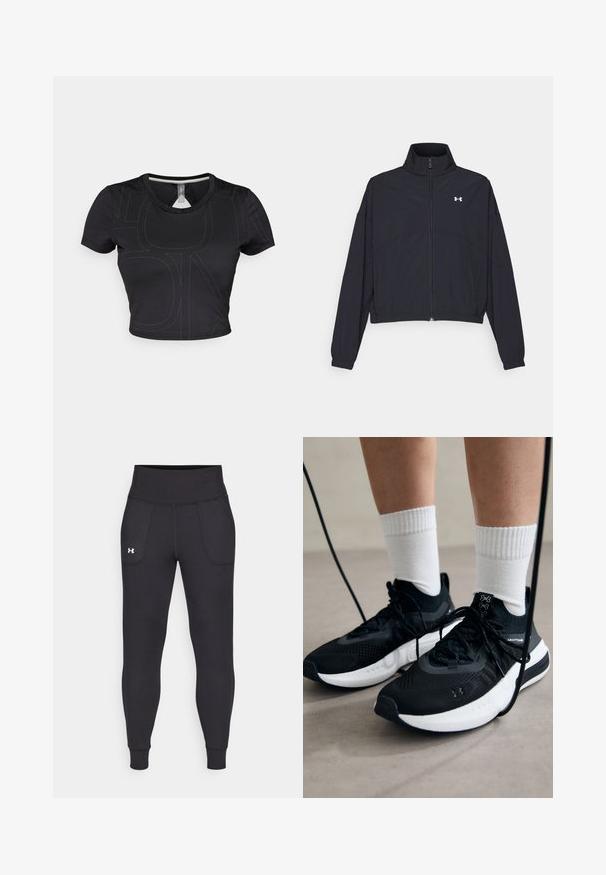 Juodas užtrauktuku užsegamas džemperis su aukštu apykaklės kraštu, elastingomis rankogaliais ir apačia. Pasižymi lygiu tekstūru ir mažuoju baltu logotipu ant krūtinės.; Juodas trumpas marškinėliai su trumpomis rankovėmis, turintys kontrastingą siuvinėjimą ir apvalią kaklo iškirpę. Medžiaga atrodo lygi ir elastinga.; Juodos sportinės leginsai, pagaminti iš tamprių medžiagų, su aukštu juosmeniu, šoninėmis kišenėmis ir priglundančiomis blauzdų manžetėmis.; Juodi sportiniai batai su tekstūruotu audiniu, balta padu ir juodais raiščiais. Dėvimi su baltais raištiniais kojiniais, stovint lengvame paviršiuje.