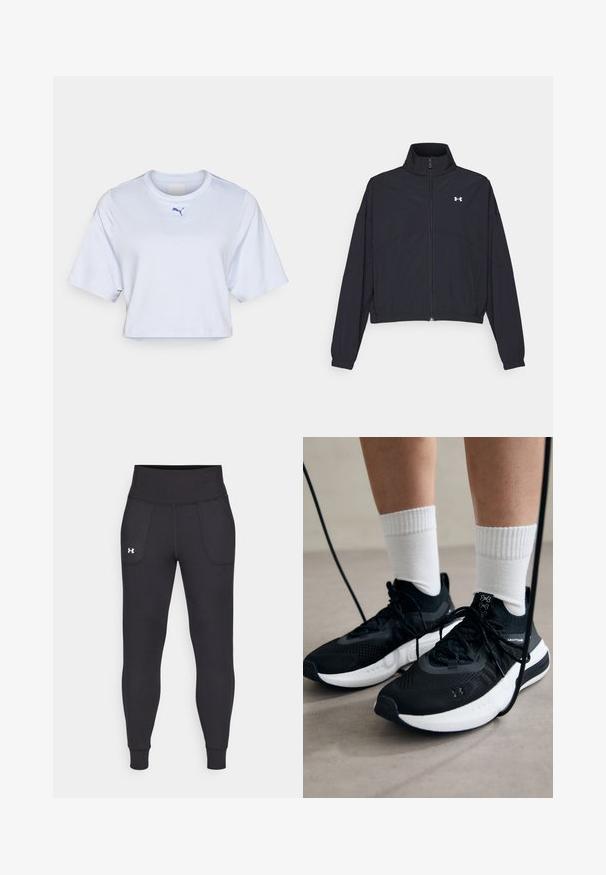 Melnā zipa jakā ar augstu apkakli, elastīgām piedurknēm un apakšmalu. Tai ir gluda tekstūra un neliels balts logo uz krūšu daļas.; Balts īsām piedurknēm T-krekls ar apaļu kakla izgriezumu un mazu zilu Puma logotipu uz krūtīm. Gluda auduma tekstūra.; Melnas sporta legingi, kas izgatavoti no stiepjama materiāla, ar augstu jostasvietu, sānu kabatām un pieguļošiem anklets.; Melni sporta apavi ar strukturētu audumu, balta zole un melni šņores. Valkāti ar baltām ribotām zeķēm, stāvot uz gaišas virsmas.