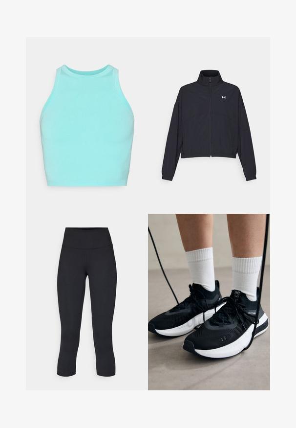 Chaqueta negra con cremallera y cuello alto, con puños y dobladillo elásticos. Presenta una textura suave y un pequeño logo blanco en el pecho.; Top corto azul claro de algodón elástico, con un cuello alto y diseño sin mangas, que presenta una textura suave y costuras uniformes.; Leggings negros cortos hechos de tela elástica, con una cintura alta y una textura suave, sin patrones o herrajes visibles.; Zapatillas deportivas negras con tela texturizada, suela blanca y cordones negros. Llevadas con calcetines blancos de canalé, de pie sobre una superficie clara.