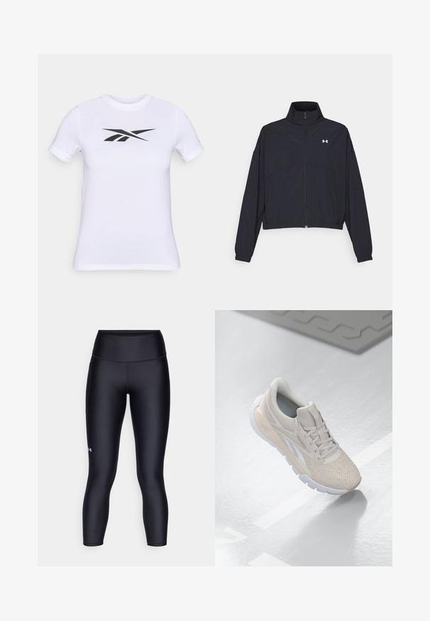 Černá zipová bunda s vysokým límcem, elastickými manžetami a lemem. Má hladkou texturu a malé bílé logo na hrudi.; Bílý pánský tričko s krátkým rukávem vyrobené z hladkého materiálu, na přední straně s velkým černým logem uprostřed. Jednoduchý kulatý výstřih.; Černé legíny vyrobené z hladkého, elastického materiálu. Vysoký pas s těsným střihem a malým logem na levé noze.; Světlé béžové sportovní boty s perforovaným svrškem, texturovanými akcenty, polstrovaným límcem a bílou gumovou podešví, navržené pro pohodlí a prodyšnost.