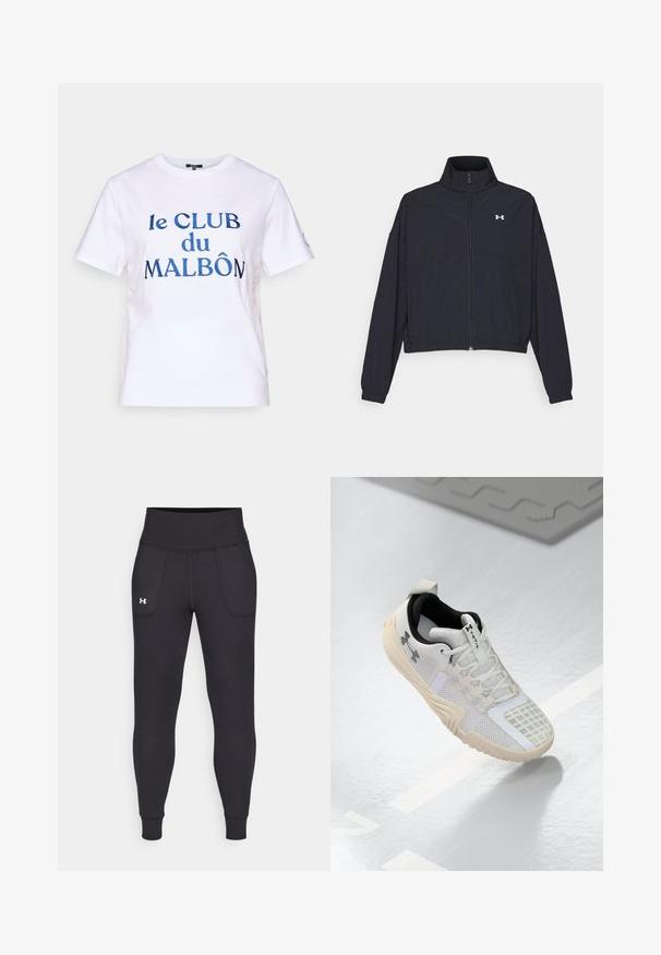 Jachetă neagră cu fermoar, cu guler înalt, manșete elastice și tiv. Prezintă o textură netedă și un mic logo alb pe piept.; Tricou alb din bumbac cu mâneci scurte. Prezintă text brodat de culoare albastră "le CLUB du MALBÔN." Design clasic cu gât rotund.; Leggings negre atletice realizate dintr-un material elastic, cu talie înaltă, buzunare pe lateral și manșete ajustate la gleznă.; Pantofii sport albi, cu un superior din plasă texturată, un interior negru și o talpă din cauciuc bej cu un model antiderapant. Accentuati prin detalii subtile.