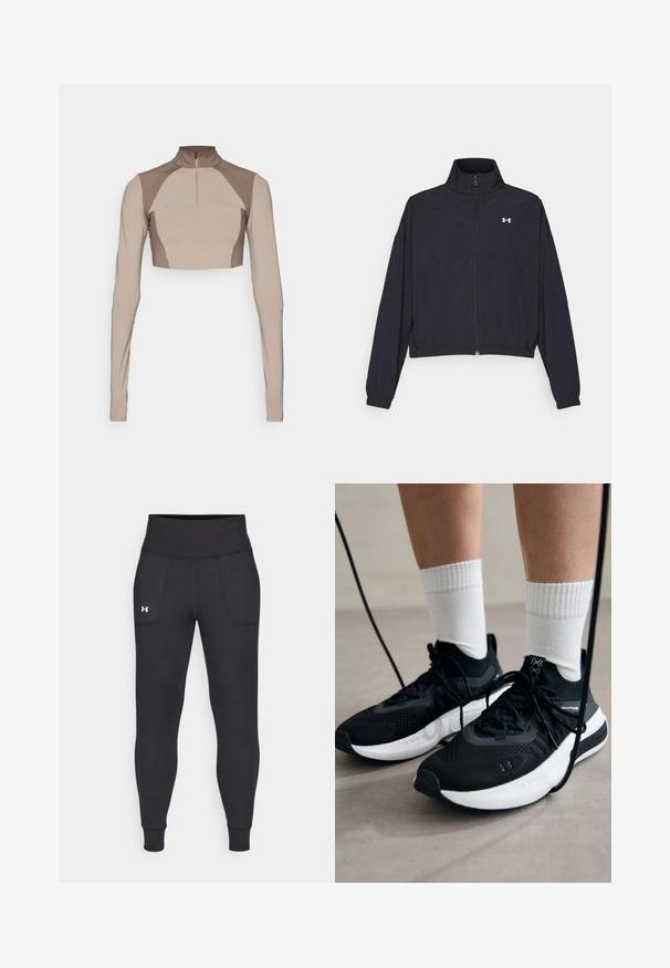 Schwarze Jacke mit Reißverschluss und hohem Kragen, elastischen Bündchen und Saum. Sie hat eine glatte Textur und ein kleines weißes Logo auf der Brust.; Beige Cropped-Longsleeve-Oberteil mit hohem Kragen, Viertelreißverschluss und strukturierten Designdetails an den Schultern. Hergestellt aus dehnbarem, glattem Stoff.; Schwarze Sportleggings aus dehnbarem Material, mit hohem Taillenbund, seitlichen Taschen und schmalen Bündchen am Knöchel.; Schwarze Sportschuhe aus strukturiertem Stoff, mit weißer Sohle und schwarzen Schnürsenkeln. Tragen mit weißen gerippten Socken, stehen auf einer hellen Fläche.