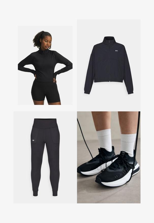 Črna jakna na zadrgo z visokim ovratnikom, elastičnimi manšetami in robom. Ima gladko teksturo in majhen bel logotip na prsih.; Črn atletski top z dolgimi rokavi in pol-zadrgo, v kombinaciji s črnimi kratkimi hlačami. Ima elastično, gladko tkanino in prilagojen design.; Črne atletske legice iz raztegljivega materiala, ki imajo visok pas, stranske žepke in tesne manšete pri gležnjih.; Črne športne čevlje z strukturirano tkanino, belo podplatom in črnimi vezalkami. Nosi se z belimi rebrastimi nogavicami, stoje na svetli površini.