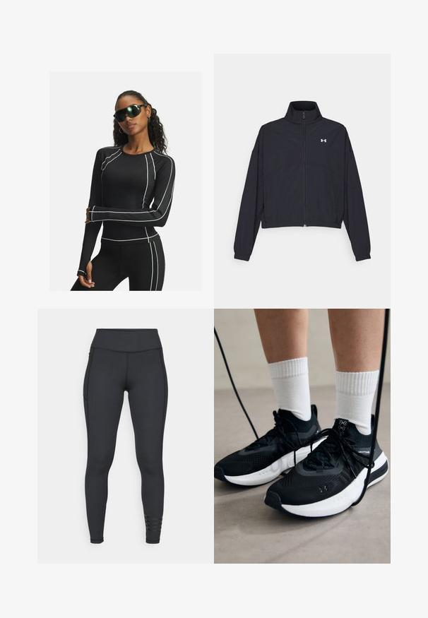 Sort zip-jakke med høj krave, elastiske manchetter og kant. Har en glat tekstur og et lille hvidt logo på brystet.; Sort langærmet atletisk top med hvide detaljer og mesh-paneler, parret med sorte leggings og futuristiske sorte solbriller.; Sorte leggings lavet af strækbart materiale, med høj talje, slankt design og stribede accenter nær anklen.; Sorte sportssko med tekstureret stof, hvid sål og sorte snørebånd. Båret med hvide ribbede sokker, stående på en lys overflade.