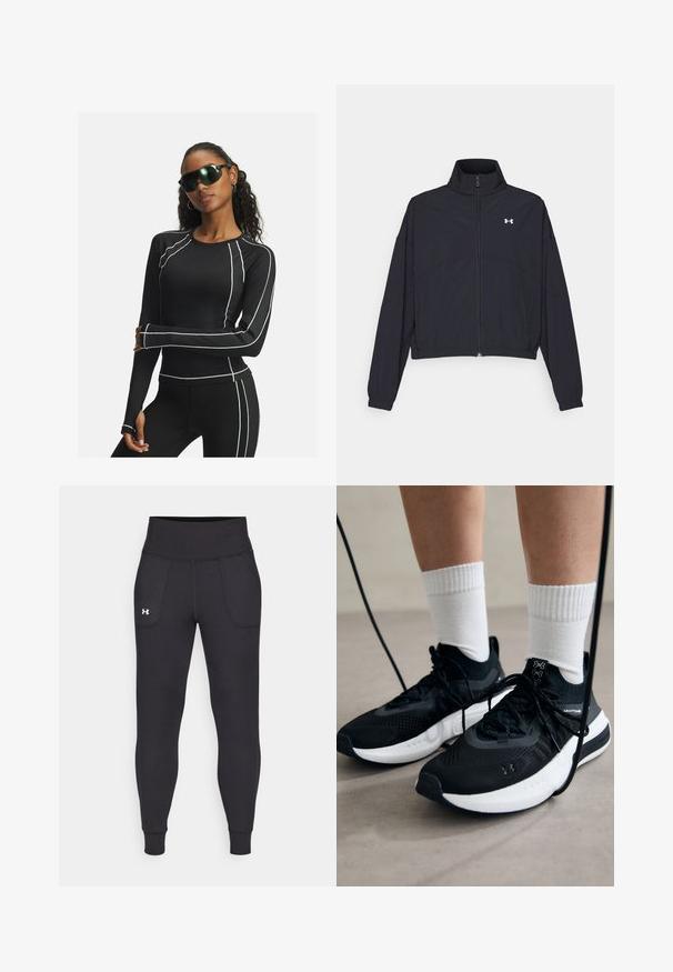 Černá zipová bunda s vysokým límcem, elastickými manžetami a lemem. Má hladkou texturu a malé bílé logo na hrudi.; Černý sportovní top s dlouhým rukávem a bílými akcentními švy a síťovinovými panely, v kombinaci s černými legínami a futuristickými černými slunečními brýlemi.; Černé sportovní legíny vyrobené z elastického materiálu, s vysokým pasem, bočními kapsami a úzkými manžetami na kotnících.; Černé sportovní boty s texturovanou tkaninou, bílou podrážkou a černými tkaničkami. Nosené s bílými žebrovanými ponožkami, stojící na světlém povrchu.