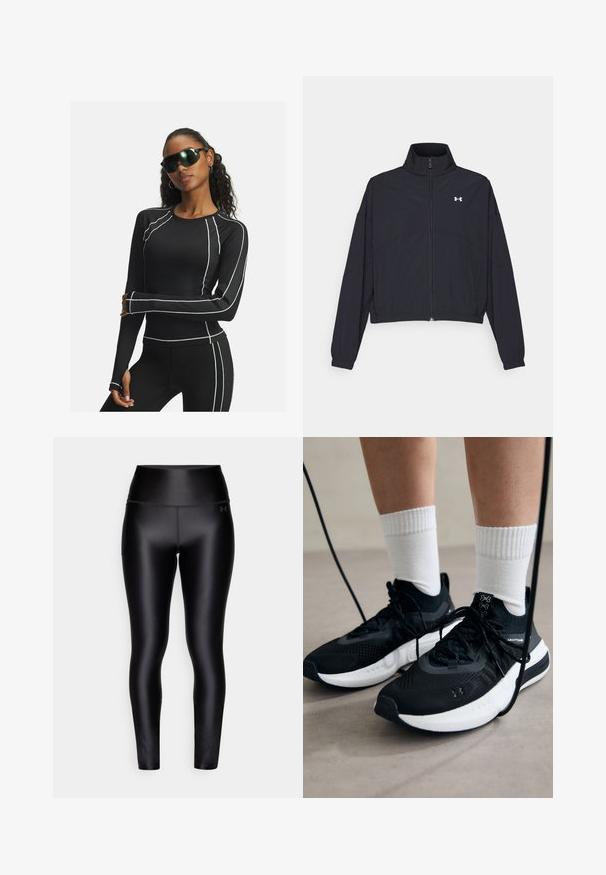Černá zipová bunda s vysokým límcem, elastickými manžetami a lemem. Má hladkou texturu a malé bílé logo na hrudi.; Černý sportovní top s dlouhým rukávem a bílými akcentními švy a síťovinovými panely, v kombinaci s černými legínami a futuristickými černými slunečními brýlemi.; Černé legíny s vysokým pasem vyrobené z hladkého, elastického materiálu. Obsahují boční kapsu a decentní logo na pasu.; Černé sportovní boty s texturovanou tkaninou, bílou podrážkou a černými tkaničkami. Nosené s bílými žebrovanými ponožkami, stojící na světlém povrchu.