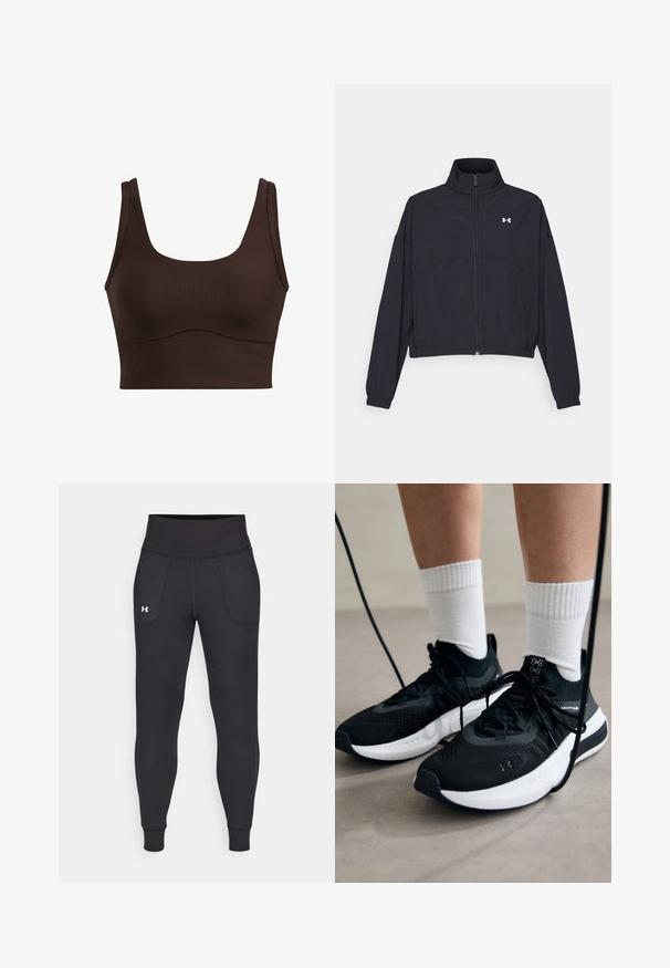 Chaqueta negra con cremallera y cuello alto, con puños y dobladillo elásticos. Presenta una textura suave y un pequeño logo blanco en el pecho.; Top corto marrón de canalé con tirantes anchos, escote cuadrado y costuras sin fin a lo largo de la cintura, que presenta una textura suave.; Leggings deportivos negros hechos de material elástico, con una cintura alta, bolsillos laterales y puños ajustados en el tobillo.; Zapatillas deportivas negras con tela texturizada, suela blanca y cordones negros. Llevadas con calcetines blancos de canalé, de pie sobre una superficie clara.