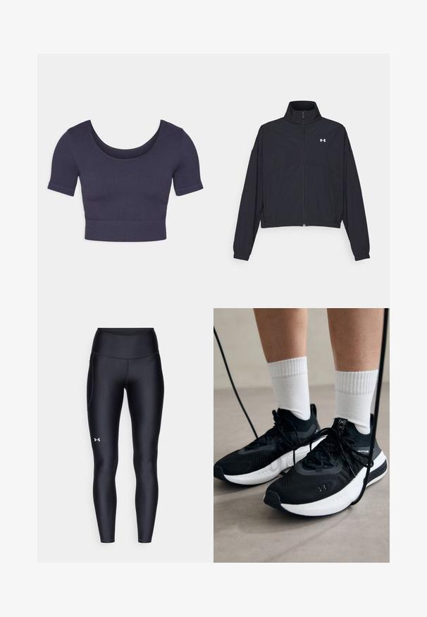 Črna jakna na zadrgo z visokim ovratnikom, elastičnimi manšetami in robom. Ima gladko teksturo in majhen bel logotip na prsih.; Mornarska kratka majica s kratkimi rokavi, izdelana iz rebraste tkanine. Ima okrogel izrez in prilegan kroj.; Črne pajkice iz gladkega, elastičnega materiala z visokim pasom. Imajo bel logotip na levem stegnu in oprijet kroj.; Črne športne čevlje z strukturirano tkanino, belo podplatom in črnimi vezalkami. Nosi se z belimi rebrastimi nogavicami, stoje na svetli površini.