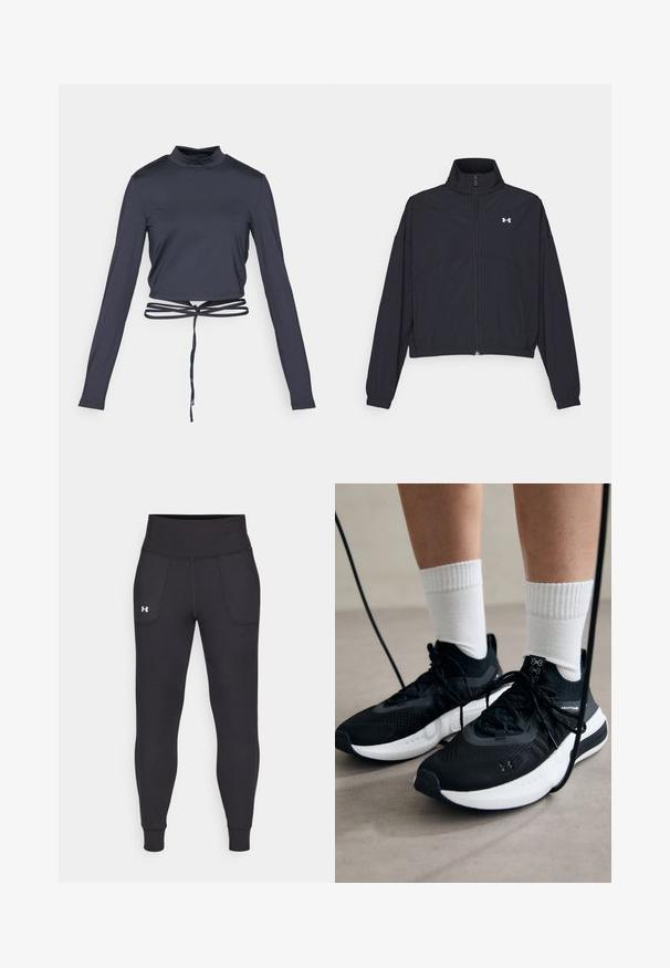 Schwarze Jacke mit Reißverschluss und hohem Kragen, elastischen Bündchen und Saum. Sie hat eine glatte Textur und ein kleines weißes Logo auf der Brust.; Navyblaues, cropped Langarmoberteil mit hohem Kragen und verstellbarem Bindeband in der Taille. Glattes, dehnbares Material mit taillierter Passform.; Schwarze Sportleggings aus dehnbarem Material, mit hohem Taillenbund, seitlichen Taschen und schmalen Bündchen am Knöchel.; Schwarze Sportschuhe aus strukturiertem Stoff, mit weißer Sohle und schwarzen Schnürsenkeln. Tragen mit weißen gerippten Socken, stehen auf einer hellen Fläche.