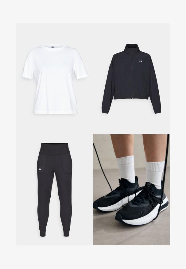 Černá zipová bunda s vysokým límcem, elastickými manžetami a lemem. Má hladkou texturu a malé bílé logo na hrudi.; Bílý krátký rukáv tričko vyrobené z měkké bavlny. Má kulatý výstřih a volný střih. Hladká textura bez viditelných vzorů nebo akcentů.; Černé sportovní legíny vyrobené z elastického materiálu, s vysokým pasem, bočními kapsami a úzkými manžetami na kotnících.; Černé sportovní boty s texturovanou tkaninou, bílou podrážkou a černými tkaničkami. Nosené s bílými žebrovanými ponožkami, stojící na světlém povrchu.