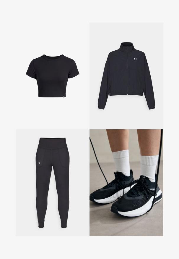 Black zip-up jacket with a high collar, elastic cuffs, and hem. Features a smooth texture and a small white logo on the chest.; Black ribbed short-sleeve crop top with a round neckline. Features a fitted design and small logo tag at the bottom left.; Black athletic leggings made from stretchy material, featuring a high waistband, side pockets, and fitted cuffs at the ankle.; Black athletic shoes with textured fabric, white sole, and black laces. Worn with white ribbed socks, standing on a light surface.