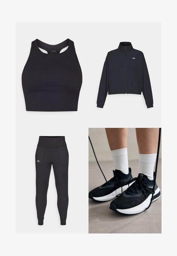 Zwarte zip-up jas met een hoge kraag, elastische manchetten en zoom. Beschikt over een soepele textuur en een klein wit logo op de borst.; Zwarte sportieve crop top gemaakt van rib materiaal, met een mouwloos ontwerp en een ronde halslijn met uitsnijdetails.; Zwarte sportleggings van rekbaar materiaal, met een hoge tailleband, zijzakken en aansluitende boorden bij de enkels.; Zwarte sportschoenen van gestructureerde stof, met een witte zool en zwarte veters. Draag ze met witte geribde sokken, staand op een lichte ondergrond.