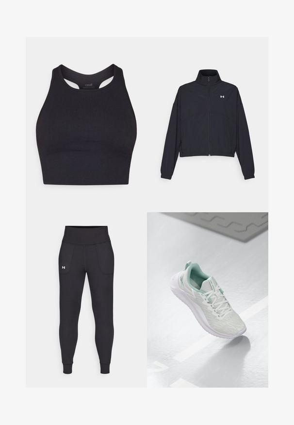 Chaqueta negra con cremallera y cuello alto, con puños y dobladillo elásticos. Presenta una textura suave y un pequeño logo blanco en el pecho.; Top corto atlético negro hecho de material acanalado, con un diseño sin mangas y un escote redondeado con detalles en cortes.; Leggings deportivos negros hechos de material elástico, con una cintura alta, bolsillos laterales y puños ajustados en el tobillo.; Zapatilla atlética gris claro con parte superior de punto texturizado, detalles en verde menta, cordones blancos, suela de goma y tira en el talón.