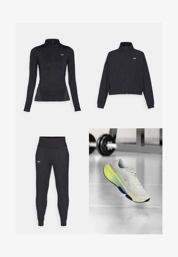 Svart zip-up jakke med høy krage, elastiske mansjetter og hem. Har en glatt tekstur og en liten hvit logo på brystet.; Svart langermet topp med mock-neck og glidelås i kvart lengde, laget av elastisk materiale, med en logo på brystet og teksturerte sidekanter.; Svarte sportsleggings laget av elastisk materiale, med høy midje, sidelommer og tettsittende mansjetter ved ankelen.; Lys grå sportsko med en teksturert overdel, med en gradient såle i gul og blå, og en hvit mellomsåle.