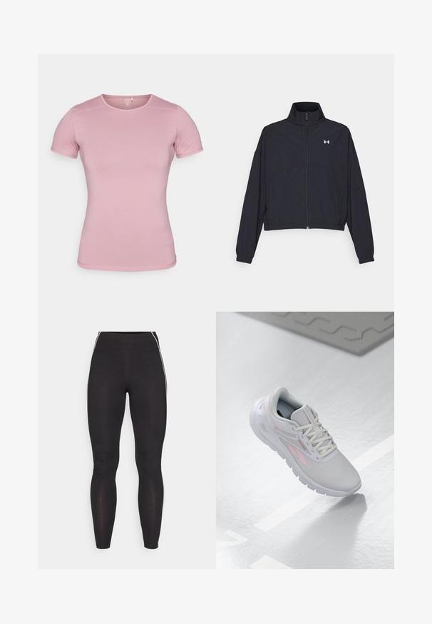 Chaqueta negra con cremallera y cuello alto, con puños y dobladillo elásticos. Presenta una textura suave y un pequeño logo blanco en el pecho.; Camiseta de manga corta en suave color rosa, con tejido texturizado y forma ajustada. Presenta un cuello redondo y un dobladillo estándar sin adornos.; Leggings negros hechos de material elástico con una cintura alta. Presentan franjas laterales blancas y una textura suave en toda su superficie.; Zapatilla deportiva de color gris claro con acentos en rosa, parte superior de malla, punta redondeada, suela acolchada y cierre con cordones. La superficie es lisa y reflectante.