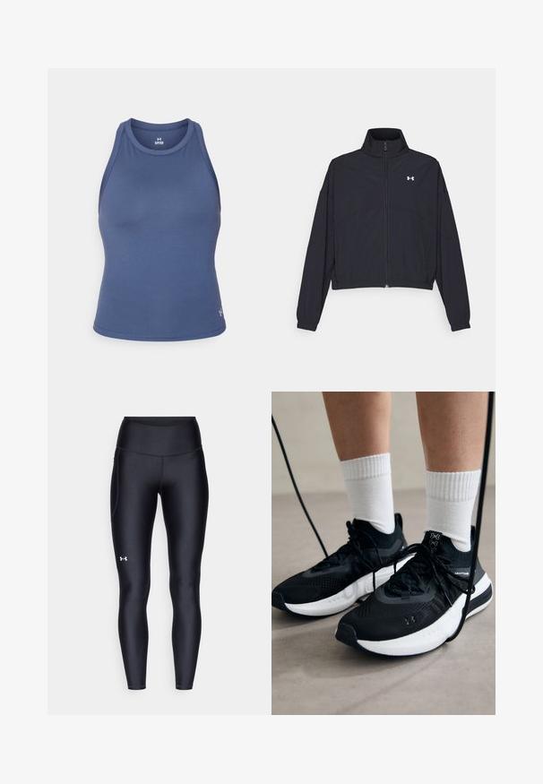 Schwarze Jacke mit Reißverschluss und hohem Kragen, elastischen Bündchen und Saum. Sie hat eine glatte Textur und ein kleines weißes Logo auf der Brust.; Ärmelloses Sportoberteil in Dunkelblau, aus glattem, feuchtigkeitsableitendem Material. Verfügt über einen runden Halsauschnitt und ein tailliertes Design.; Schwarze Leggings aus glattem, elastischem Material mit einem hohen Bund. Mit einem weißen Logo auf dem linken Oberschenkel und tailliertem Design.; Schwarze Sportschuhe aus strukturiertem Stoff, mit weißer Sohle und schwarzen Schnürsenkeln. Tragen mit weißen gerippten Socken, stehen auf einer hellen Fläche.